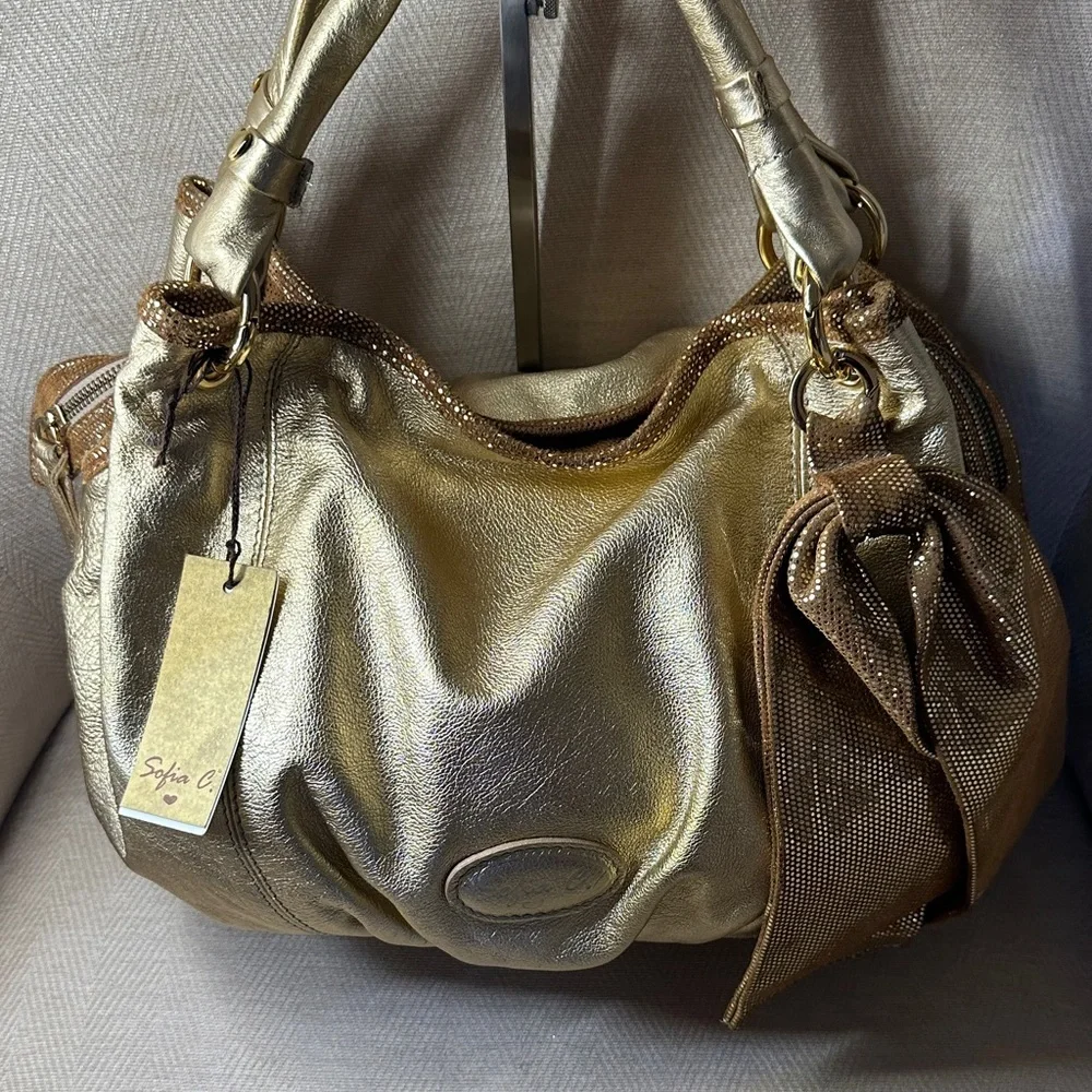 Sofia C. Luxurious Gold Shoulder Leather Bag with Leather Bag Charm